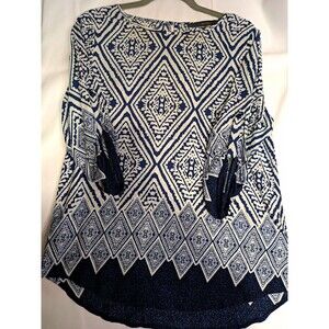 fun 2 fun Blue/White Geometric Woven Round Neck 3/4 Sleeve Tunic Blouse S